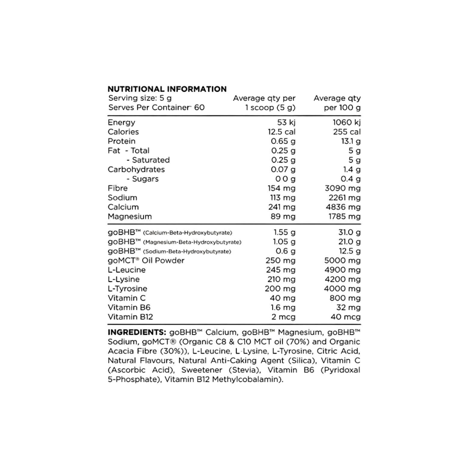Nutritional information and ingredient list for a supplement on a white background