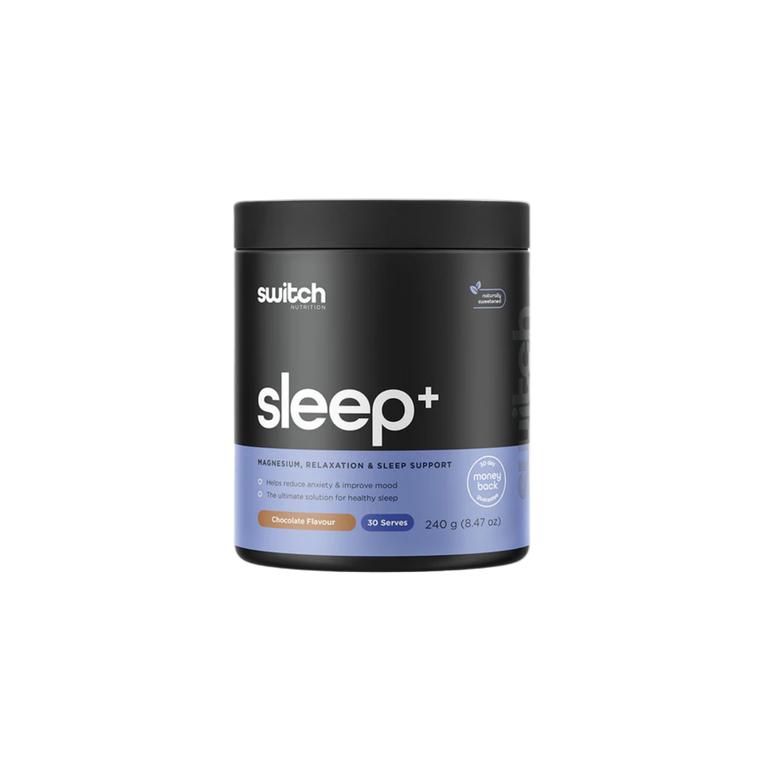 Black container of 'switch+ sleep' supplement on a white background