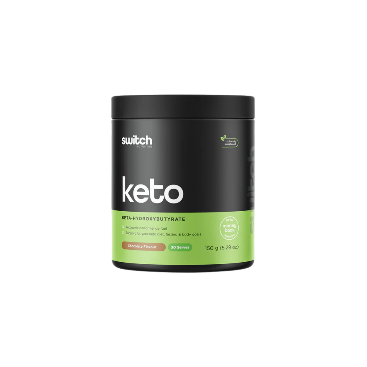 Keto supplement container with black and green label on a white background