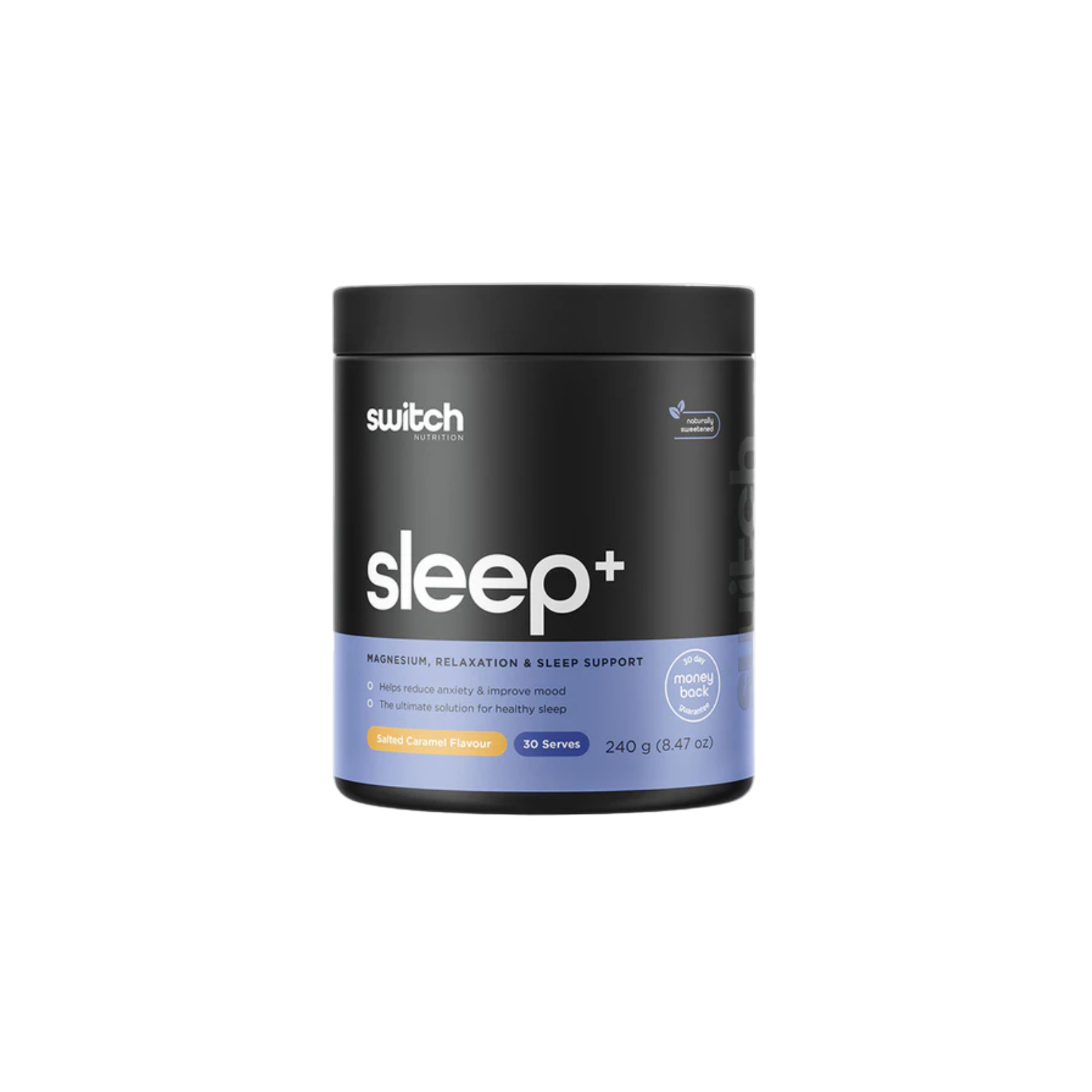 Black and purple container of 'switch+ sleep+' on a white background