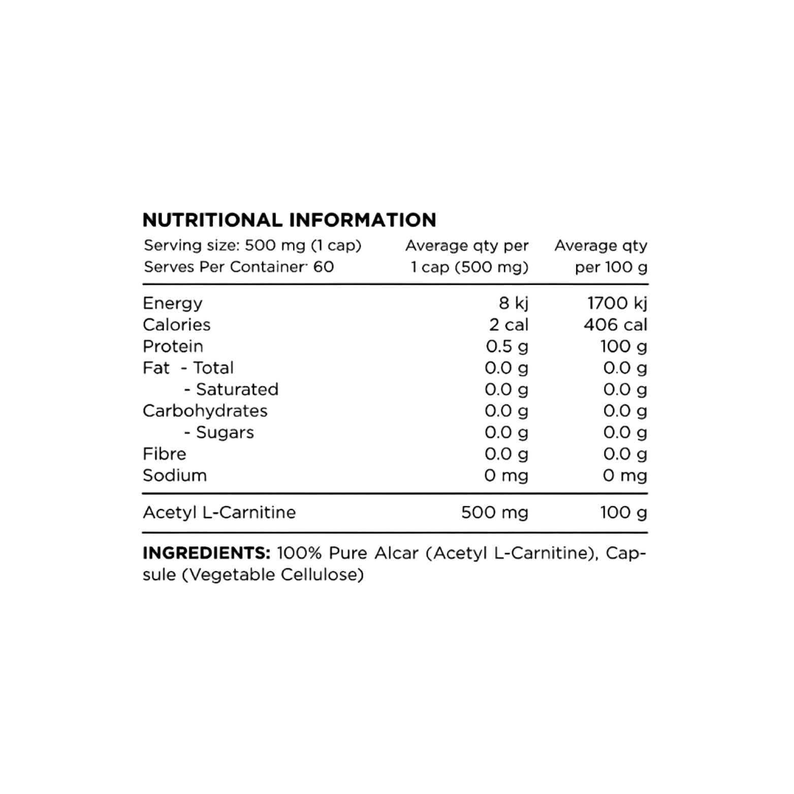 Nutritional information and ingredient list for a supplement on a white background