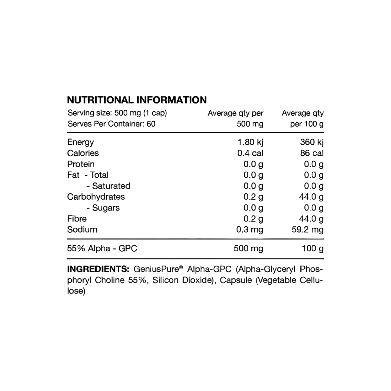 Nutritional information and ingredient list for a supplement on a white background
