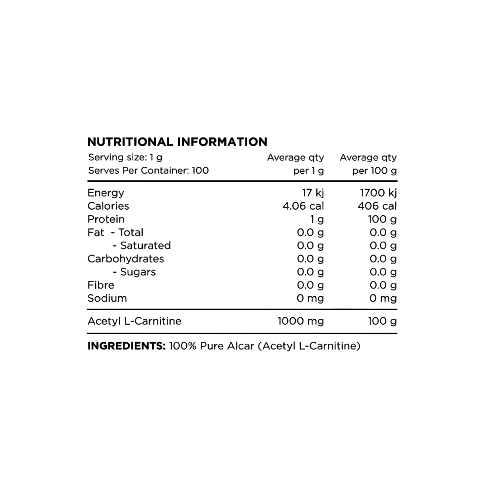 Nutritional information and ingredient label for a product containing Acetyl L-Carnitine on a light gray background.