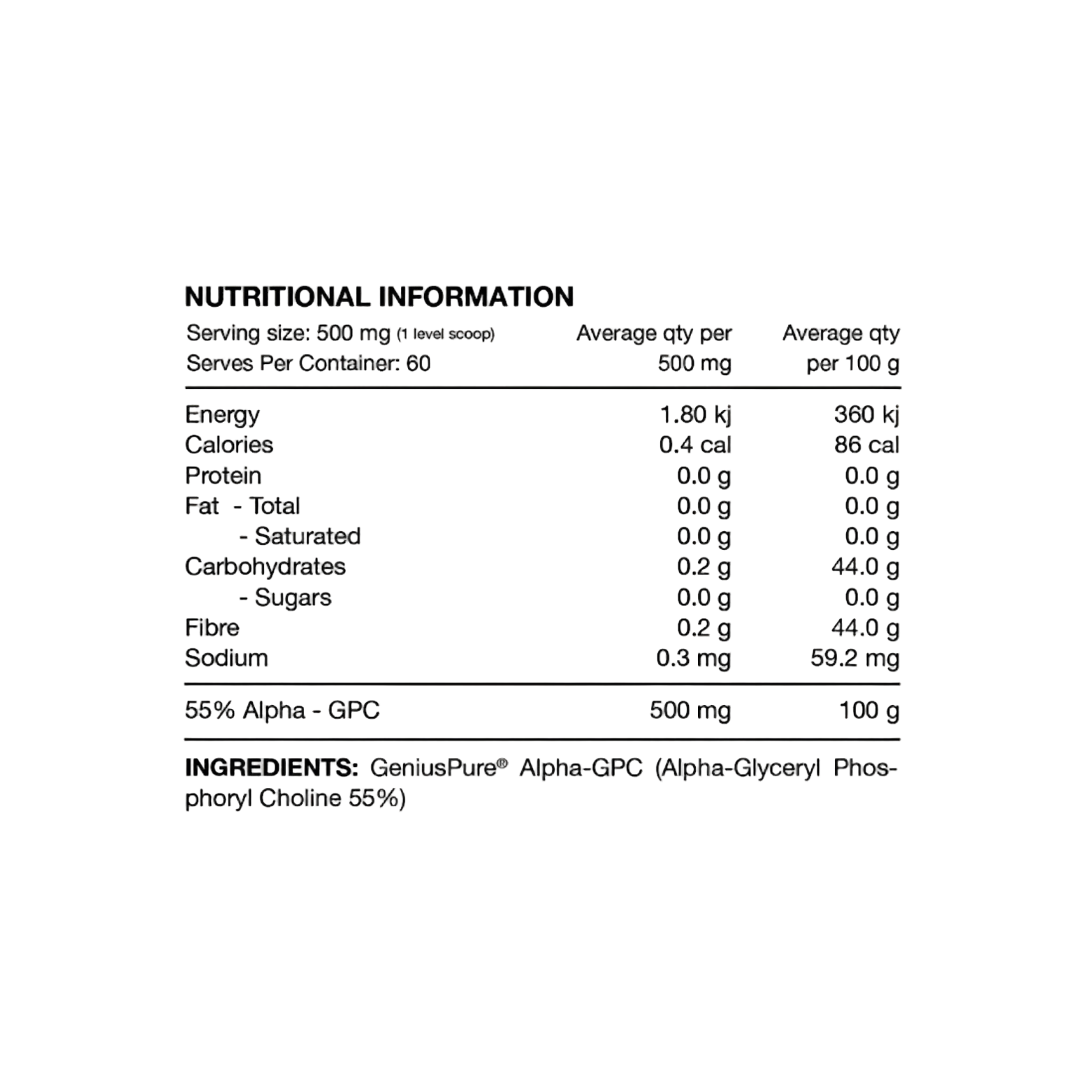Nutritional information and ingredient label for a supplement product.