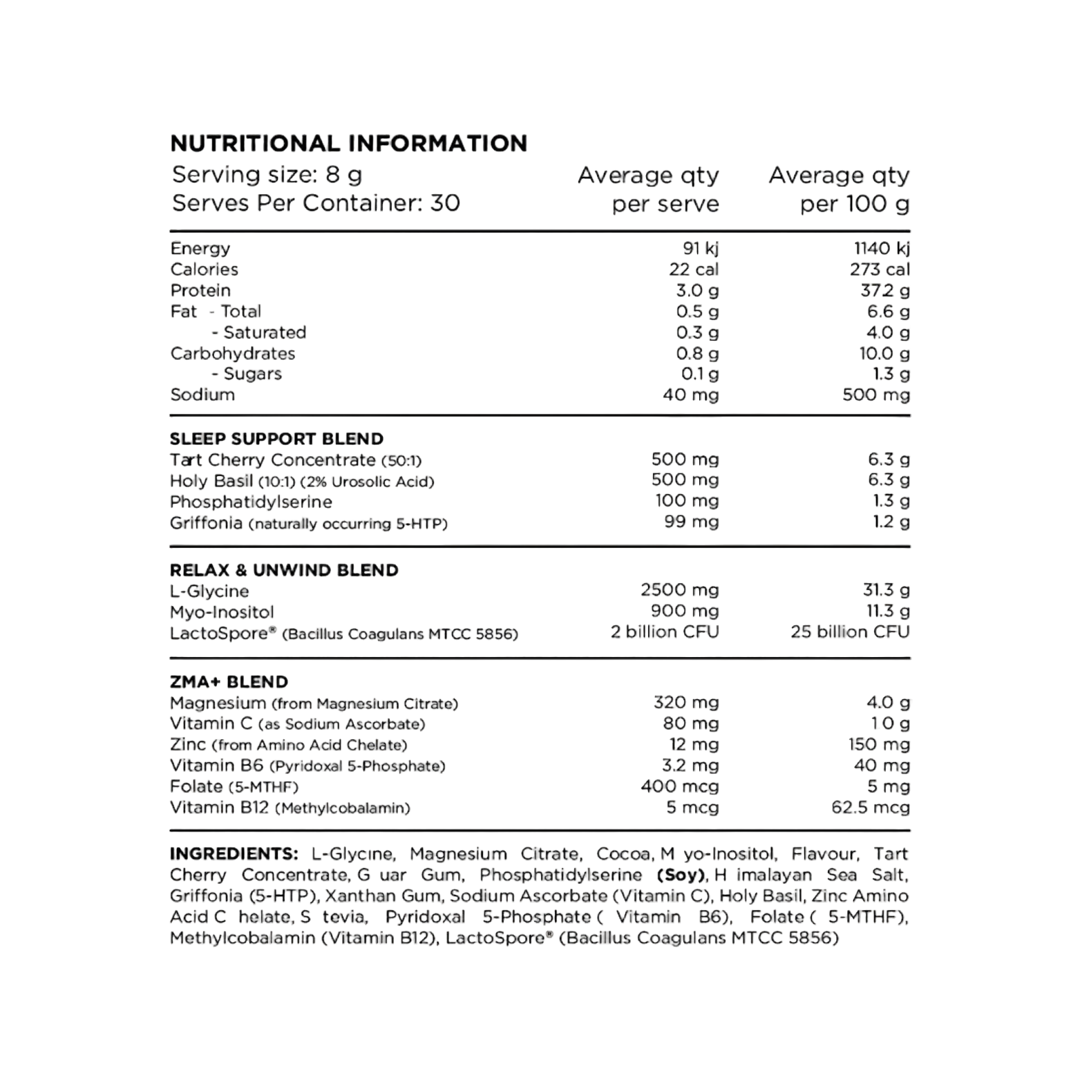 Nutritional information and ingredient list for a sleep support blend and relax & unwind blend on a white background.