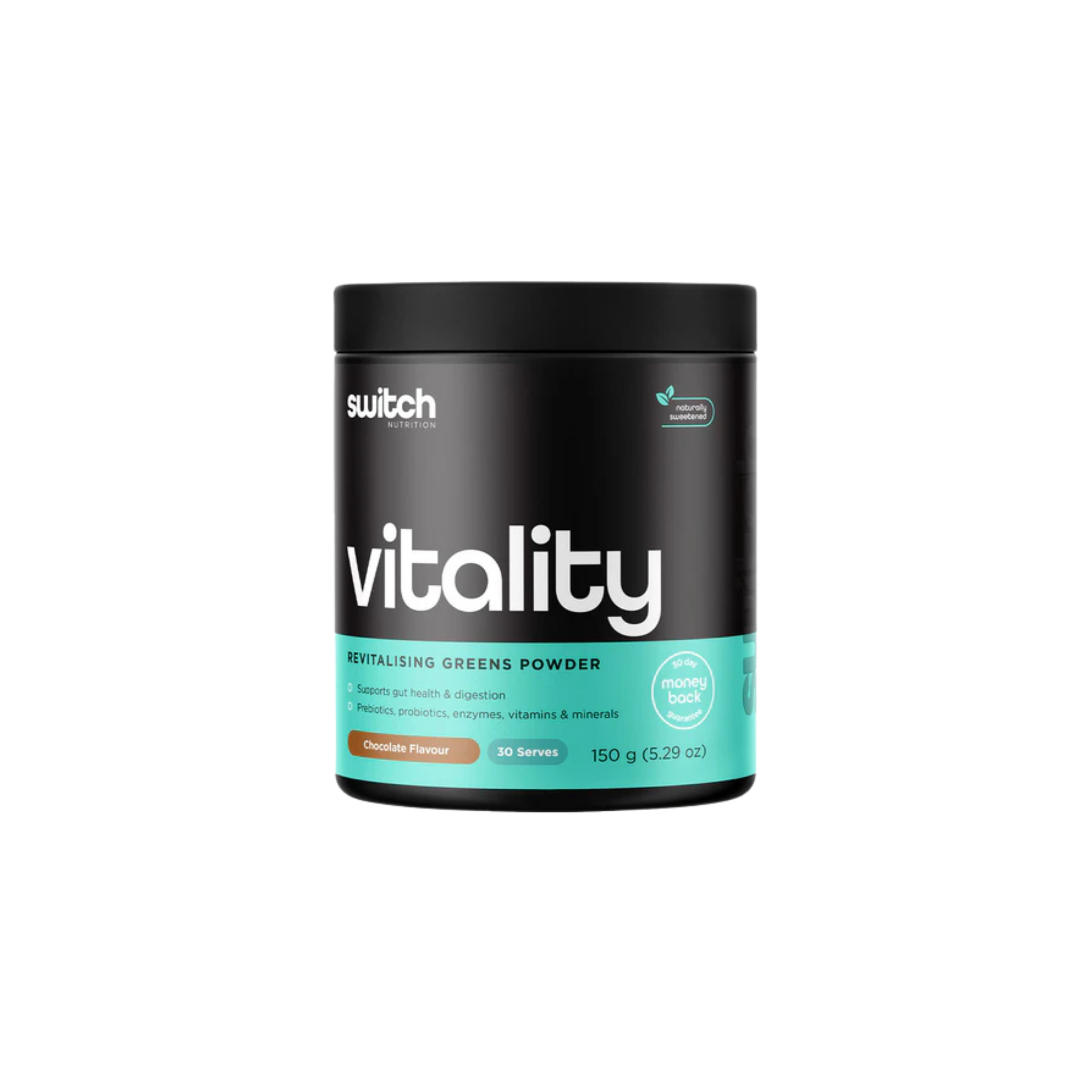 Container of switch vitality greens powder on a white background