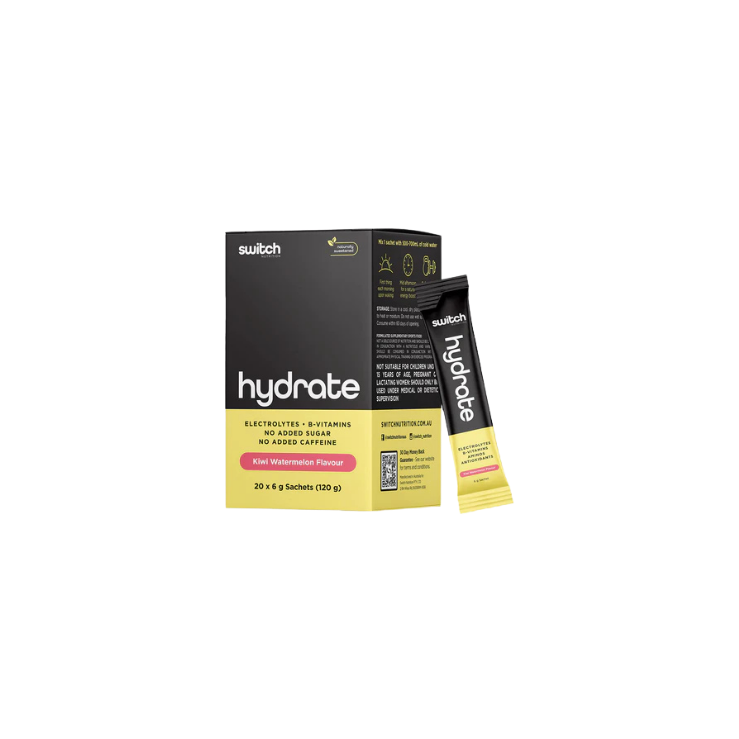 Hydrate supplement packaging with black and yellow design on a white background