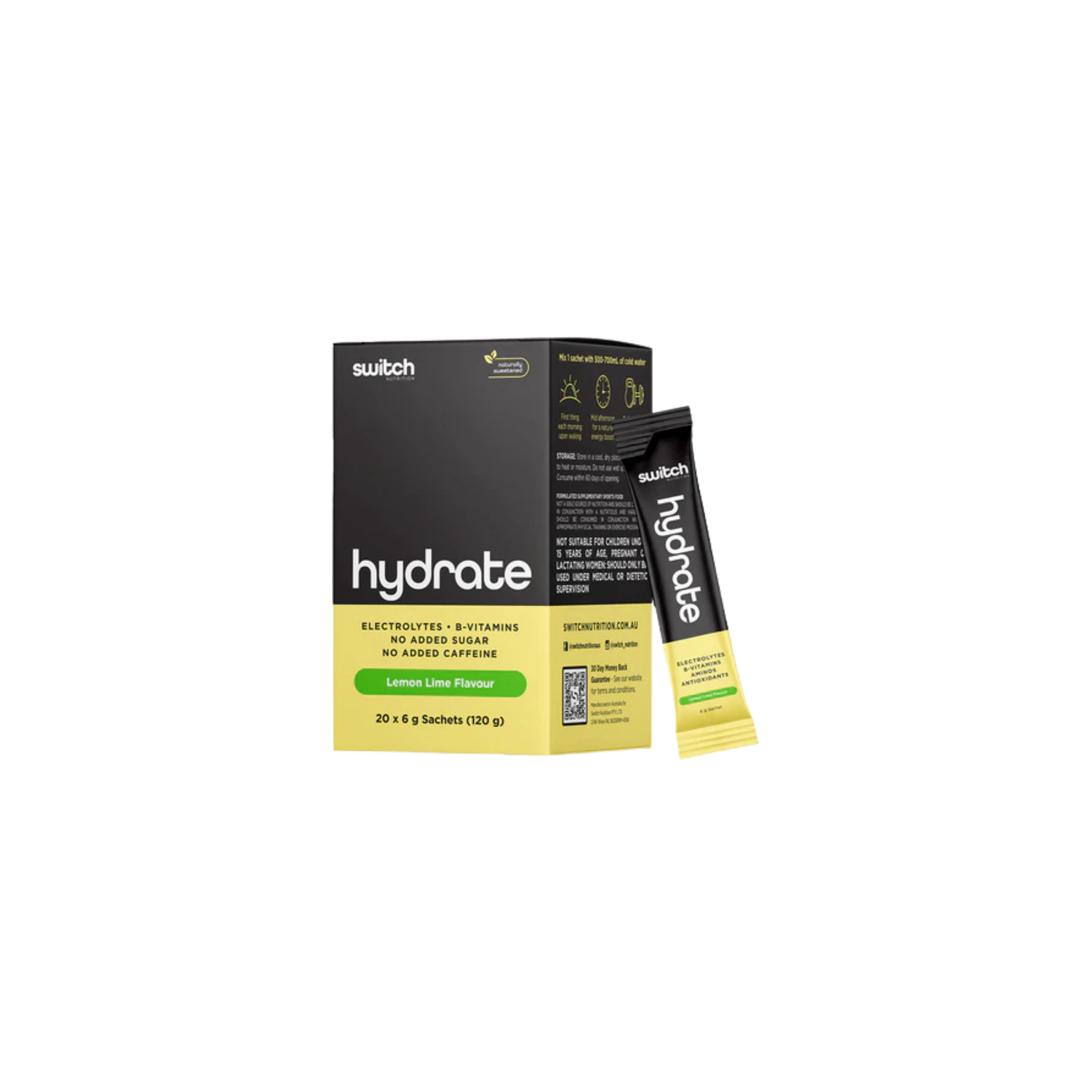 Hydrate supplement packaging with black and yellow design on a white background
