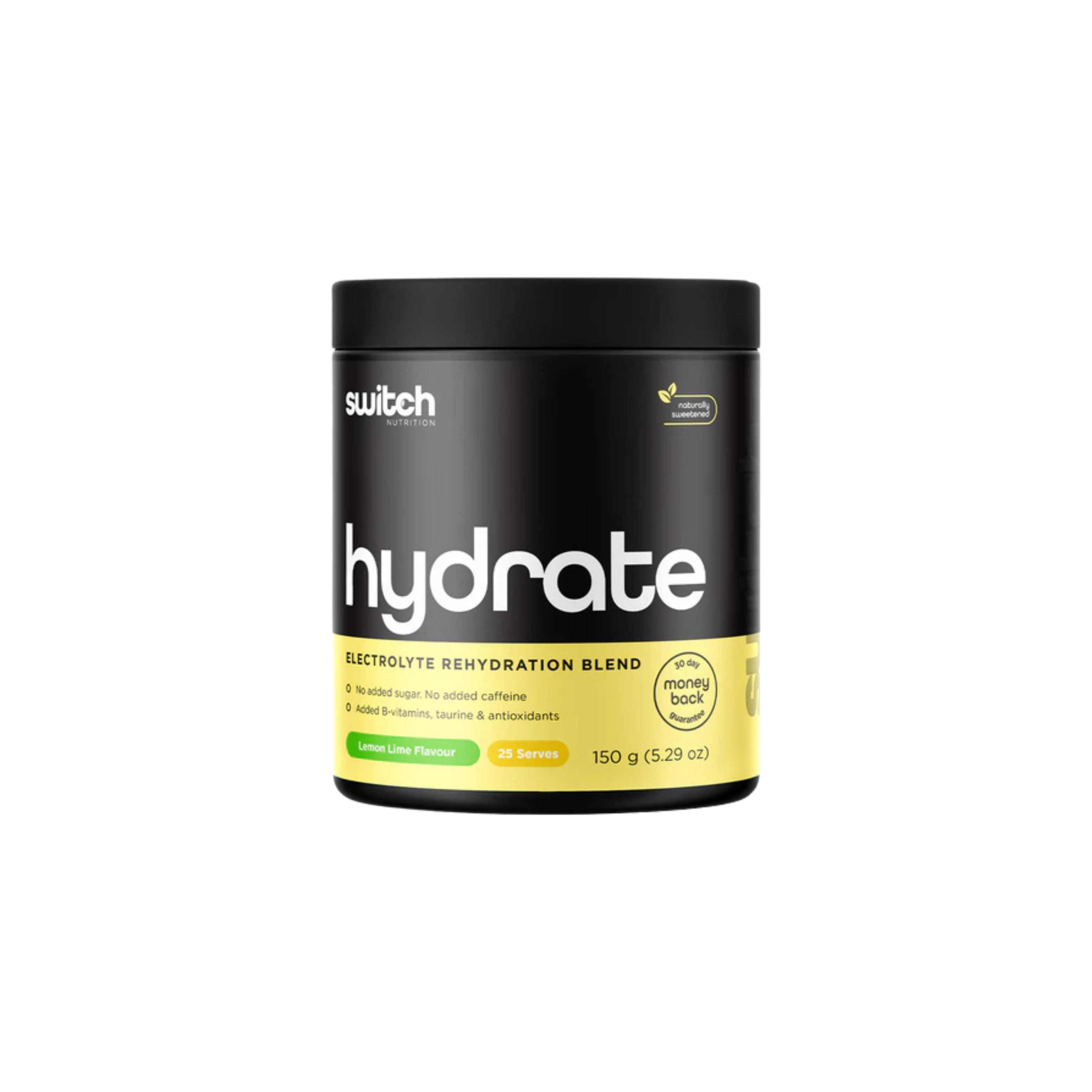 Black and yellow container of 'switch' hydrate electrolyte rehydration blend on a white background