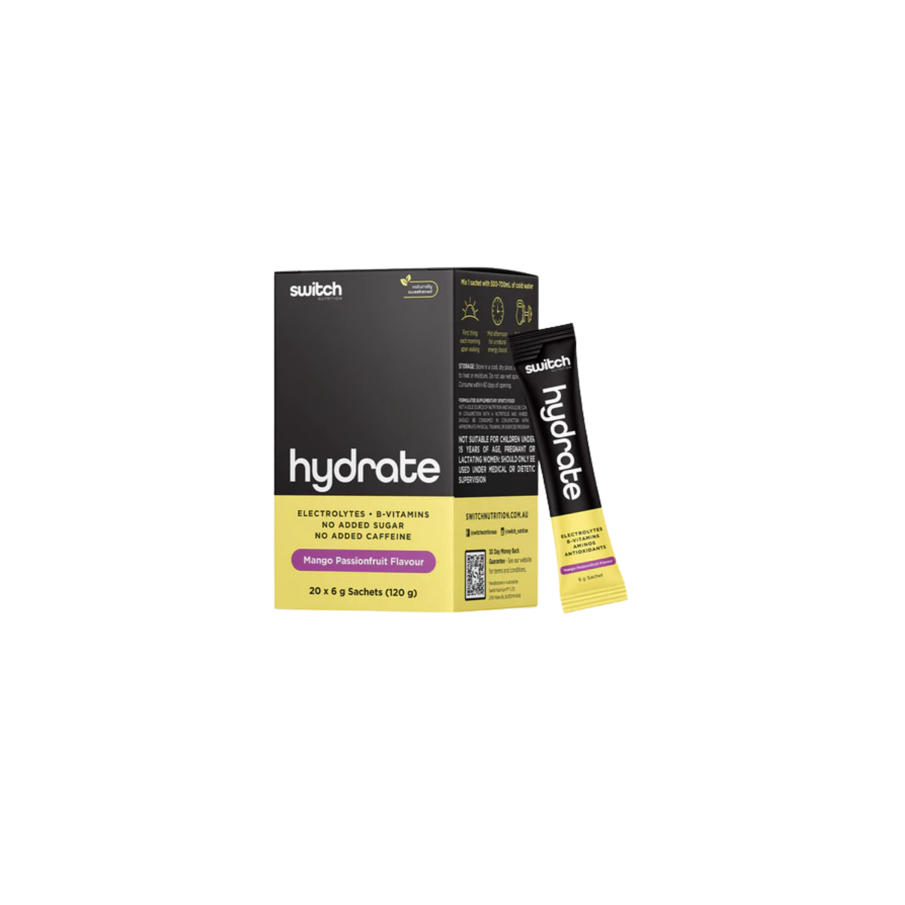 Switch Hydrate electrolyte powder packaging on a white background