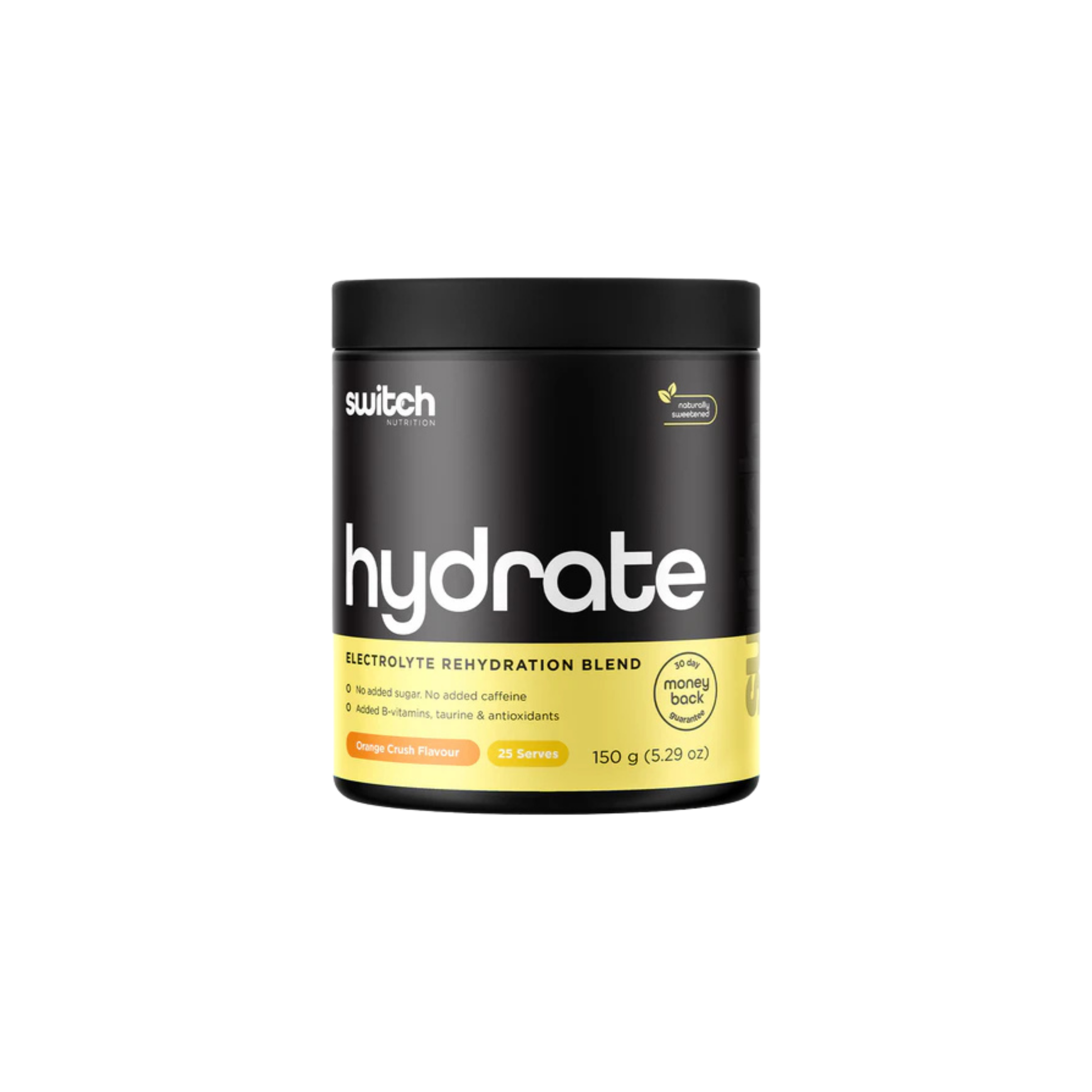 Black and yellow container of 'switch' hydrate electrolyte rehydration blend on a white background