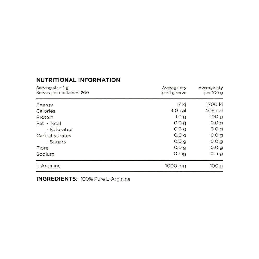 Nutritional information and ingredient label for a product containing 100% pure L-Arginine.