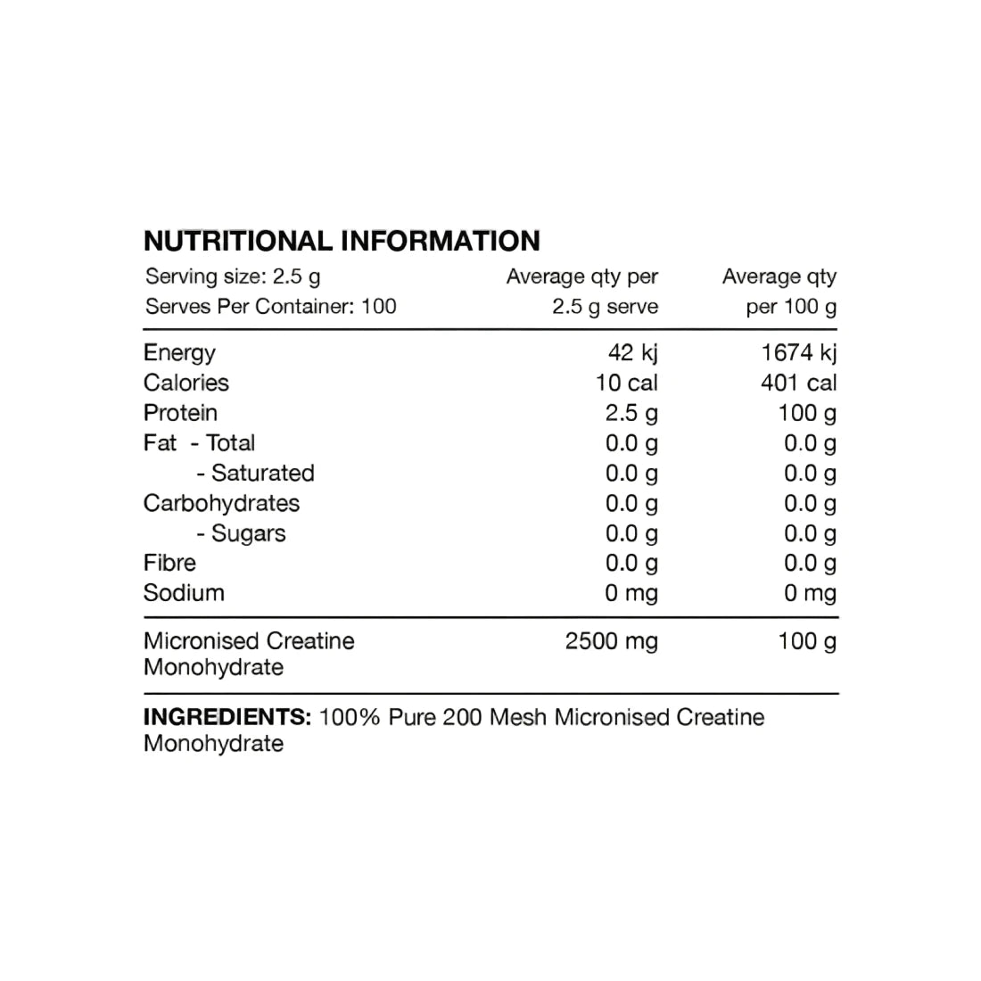 Nutritional information label for a product with detailed breakdown of macronutrients and micronutrients.