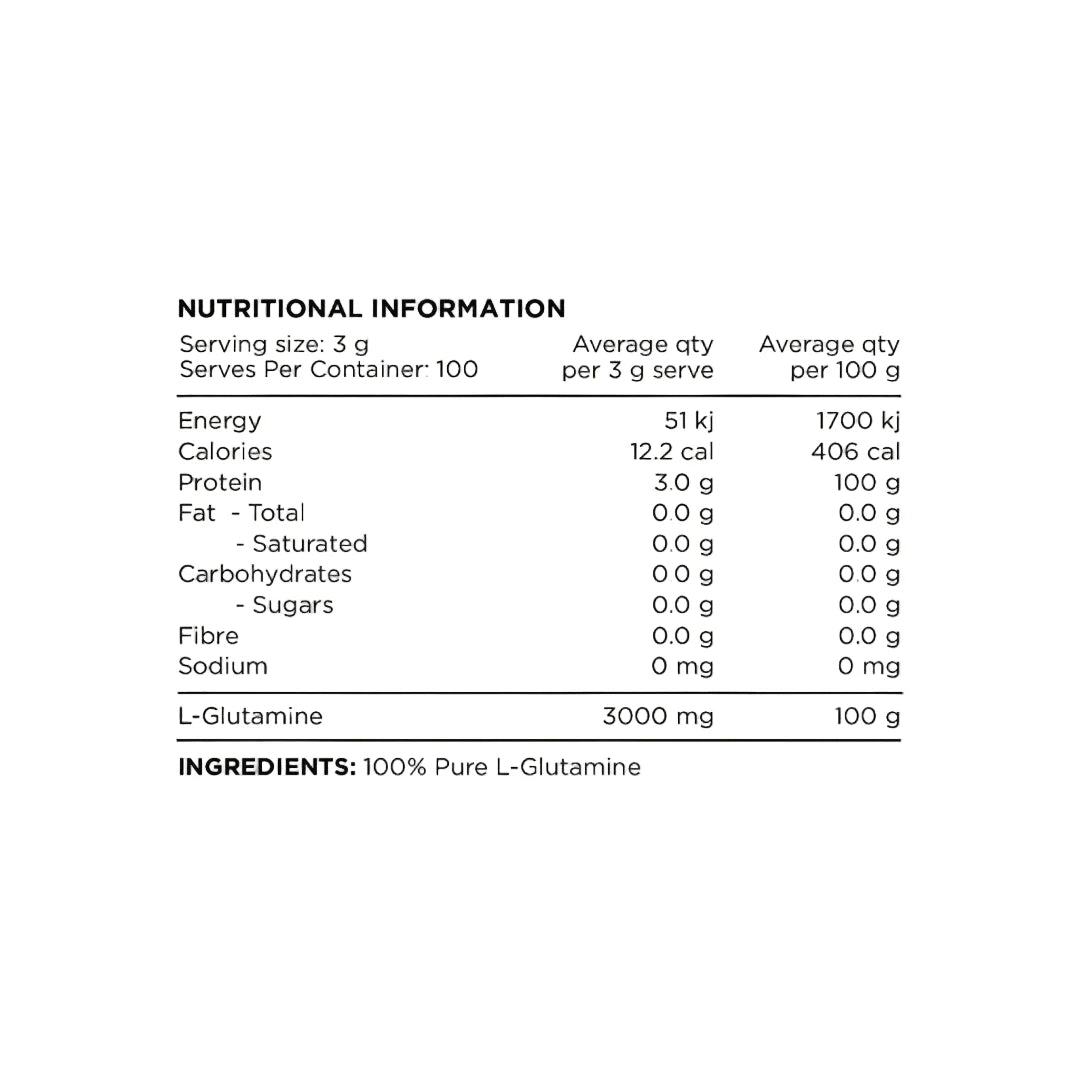 Nutritional information and ingredient label for a product containing L-Glutamine on a white background.