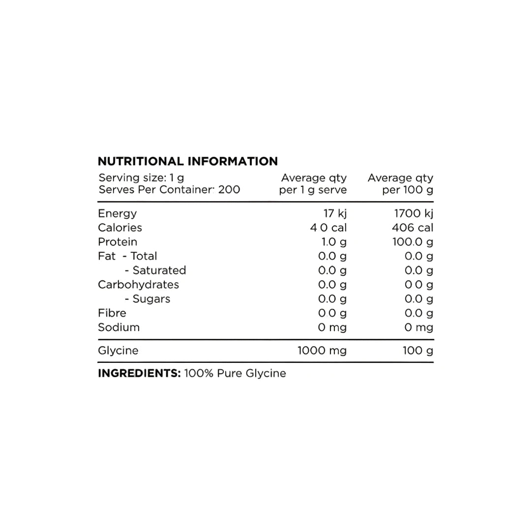 Nutritional information label for a product containing 100% pure glycine.