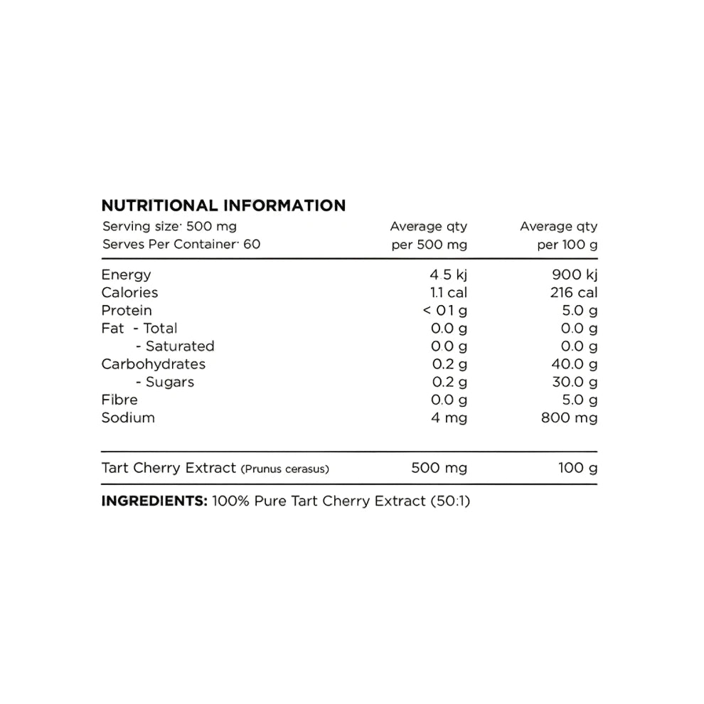 Nutritional information and ingredient label for Tart Cherry Extract on a light gray background