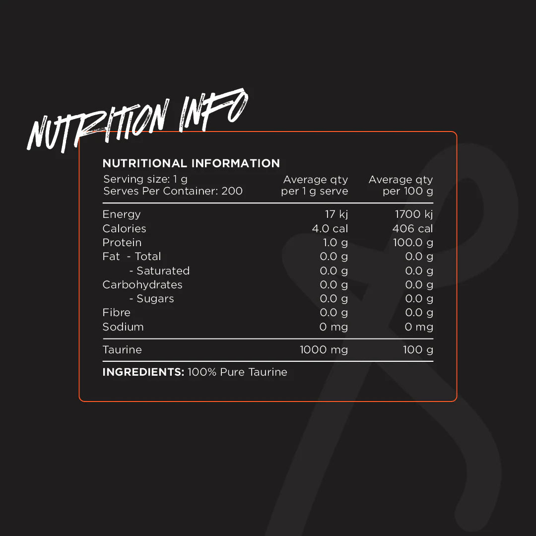 Nutritional information label for a product with taurine on a black background