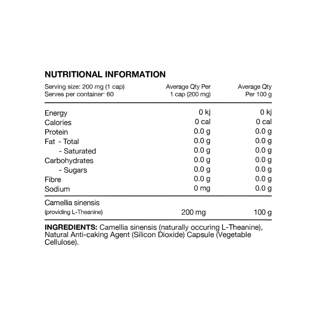 Nutritional information and ingredient list for a product on a plain background