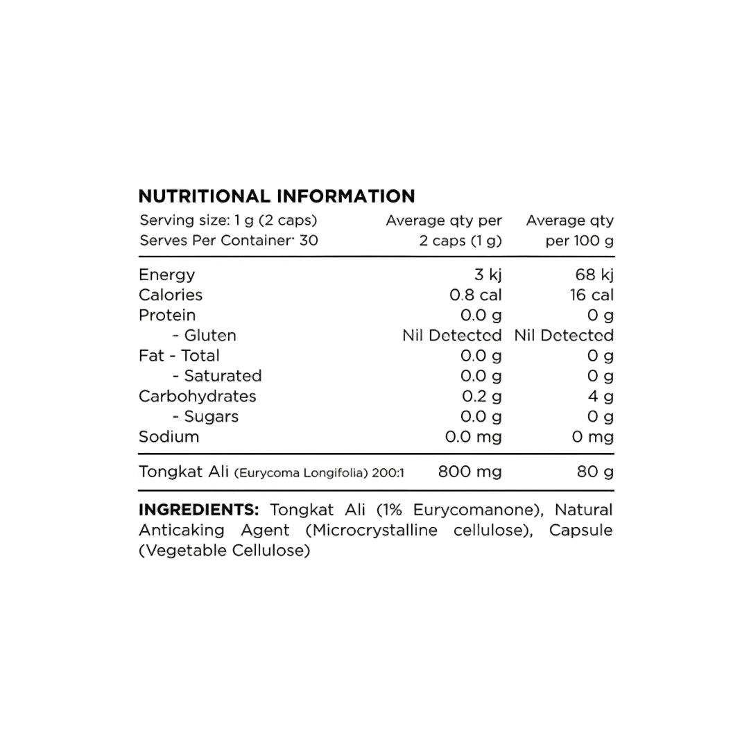 Nutritional information and ingredient list for a supplement product on a white background