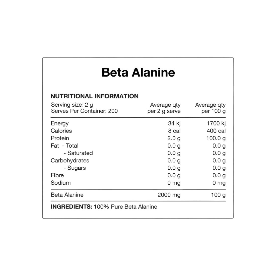Nutritional information label for Beta Alanine on a white background