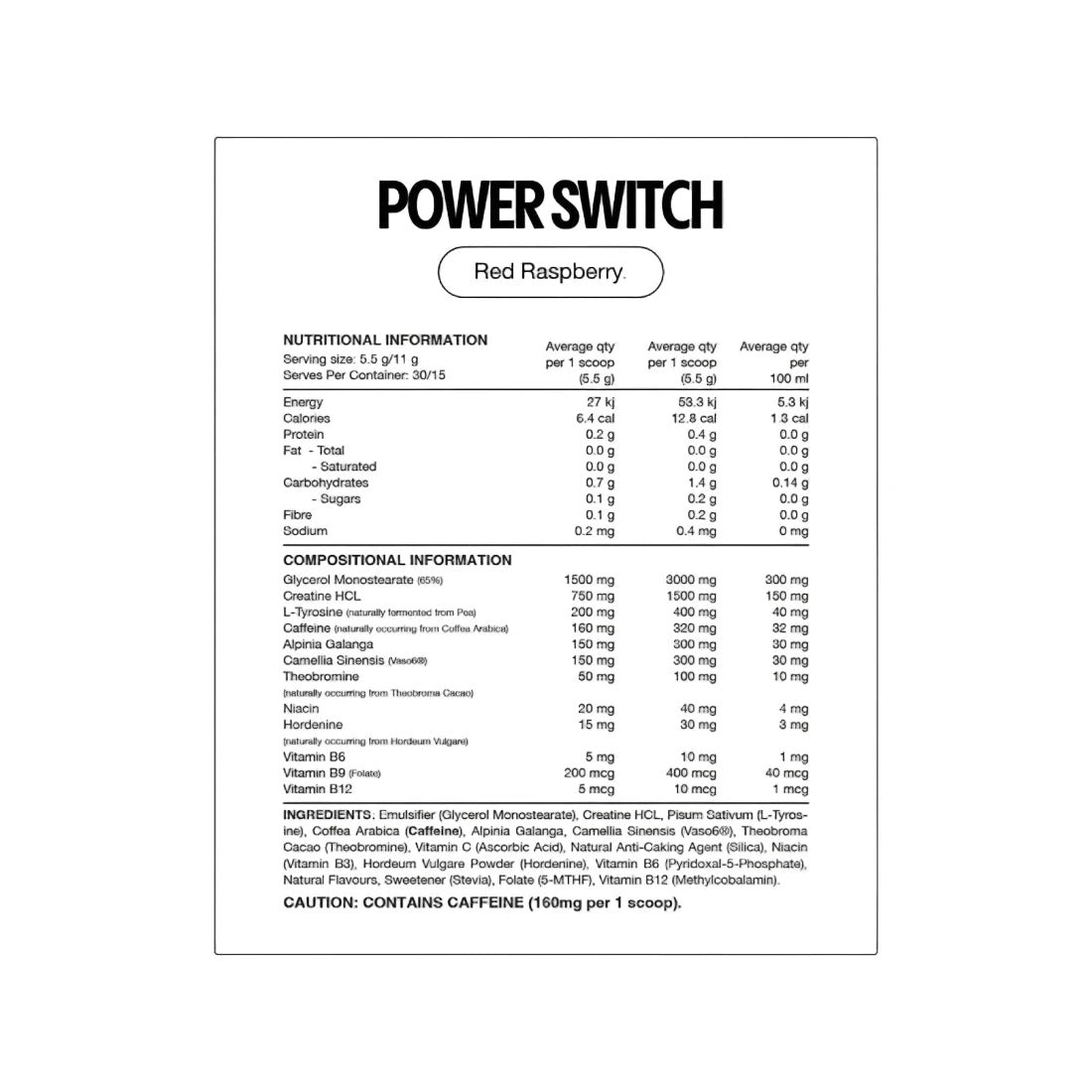 Nutritional and compositional information label for a product named 'Power Switch' with red raspberry flavor.
