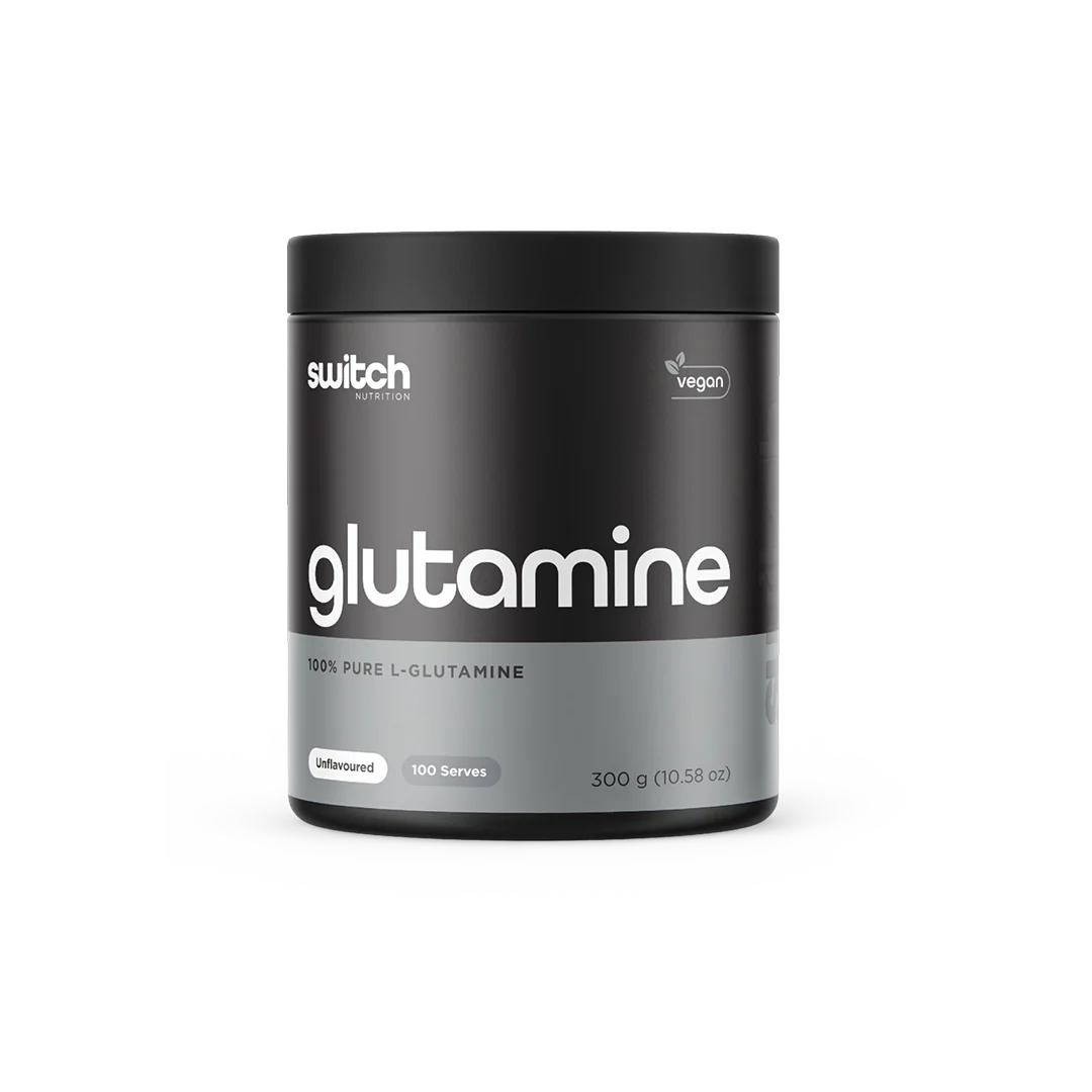 Black container of switch Nutrition glutamine powder on a white background