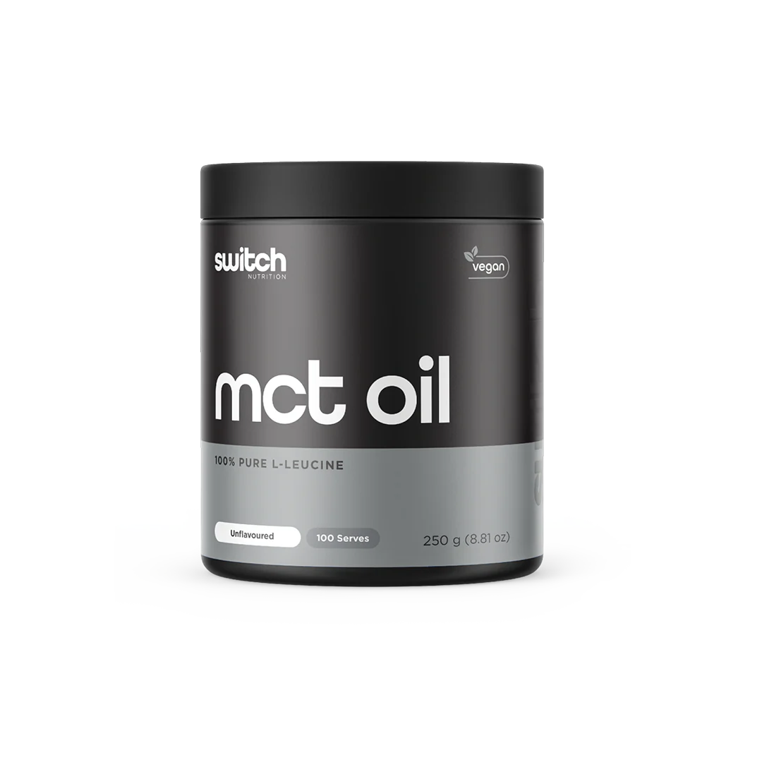 Container of mct oil with 'switch' branding on a white background