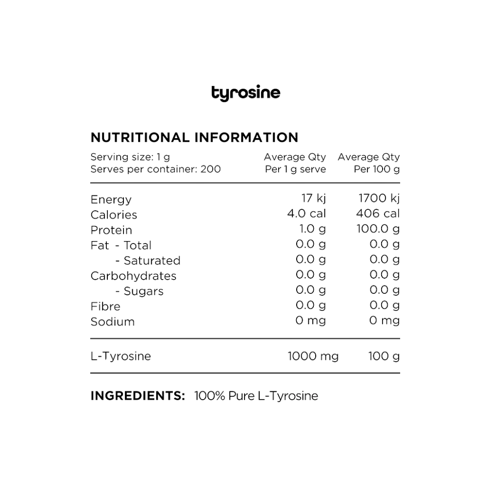 Nutritional information and ingredient details for tyrosine on a white background