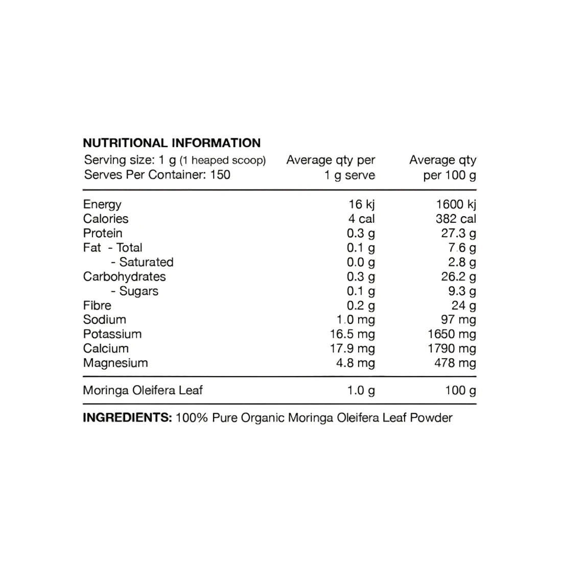 Nutritional information and ingredient list for a product with Moringa Oleifera Leaf Powder.
