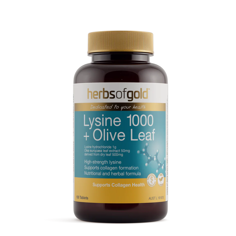 Herbs Of Gold Lysine 1000 + Olive Leaf (100 Tablets)