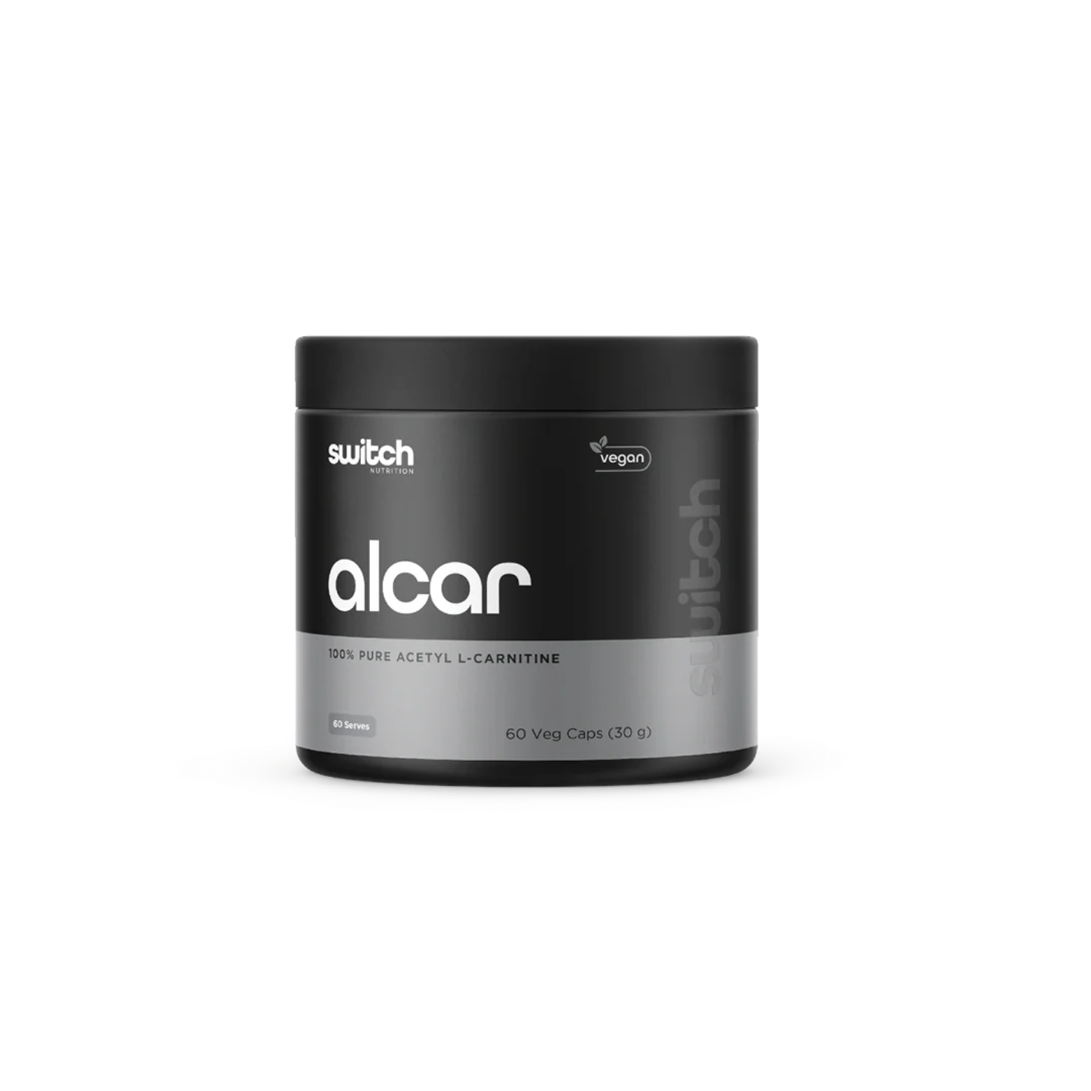 Black and gray container of 'switch' alcar supplement on a white background