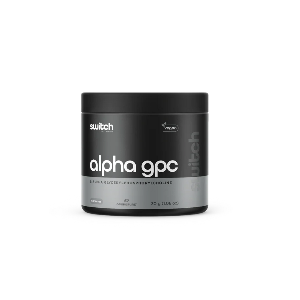 Container of alpha gpc powder with 'switch' branding on a white background