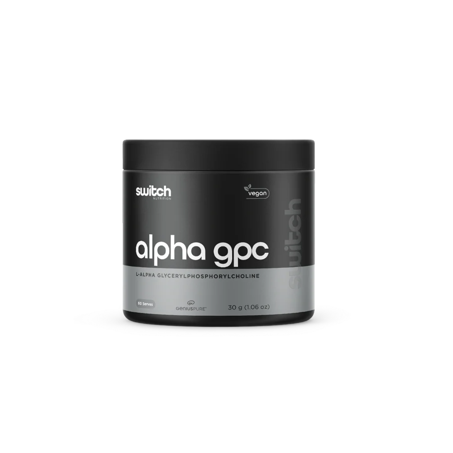 Container of alpha gpc powder with 'switch' branding on a white background