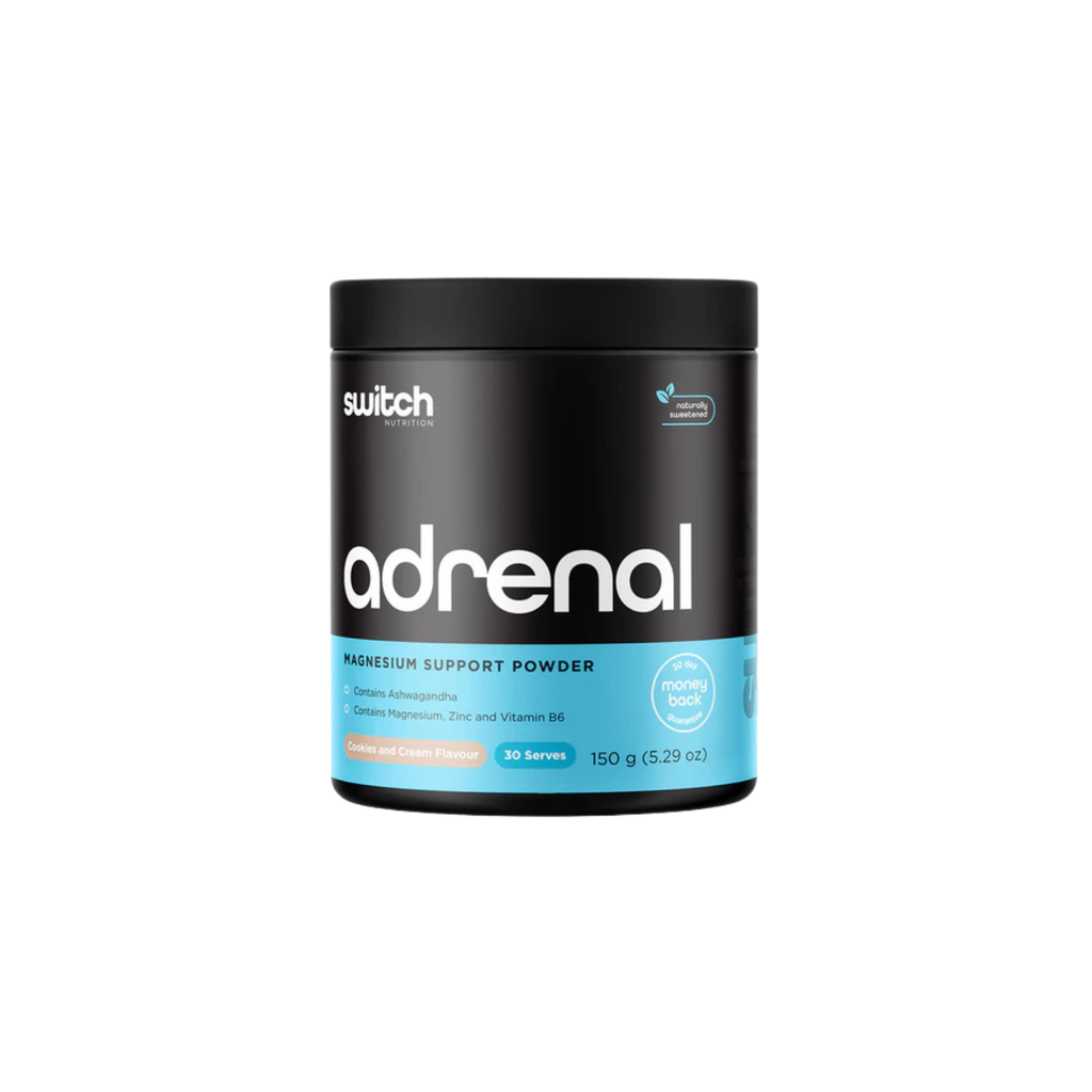 Black and blue container of Adrenal magnesium support powder on a white background