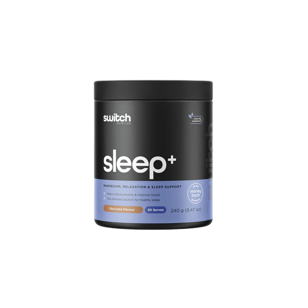 Black container of 'switch+ sleep' supplement on a white background