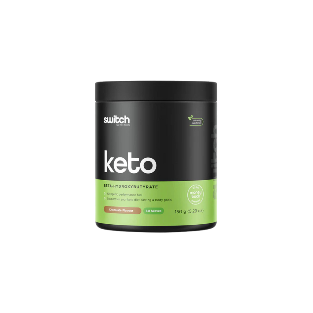 Keto supplement container with black and green label on a white background