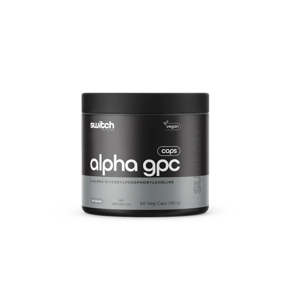 Black container of Alpha GPC with 'switch' branding on a white background