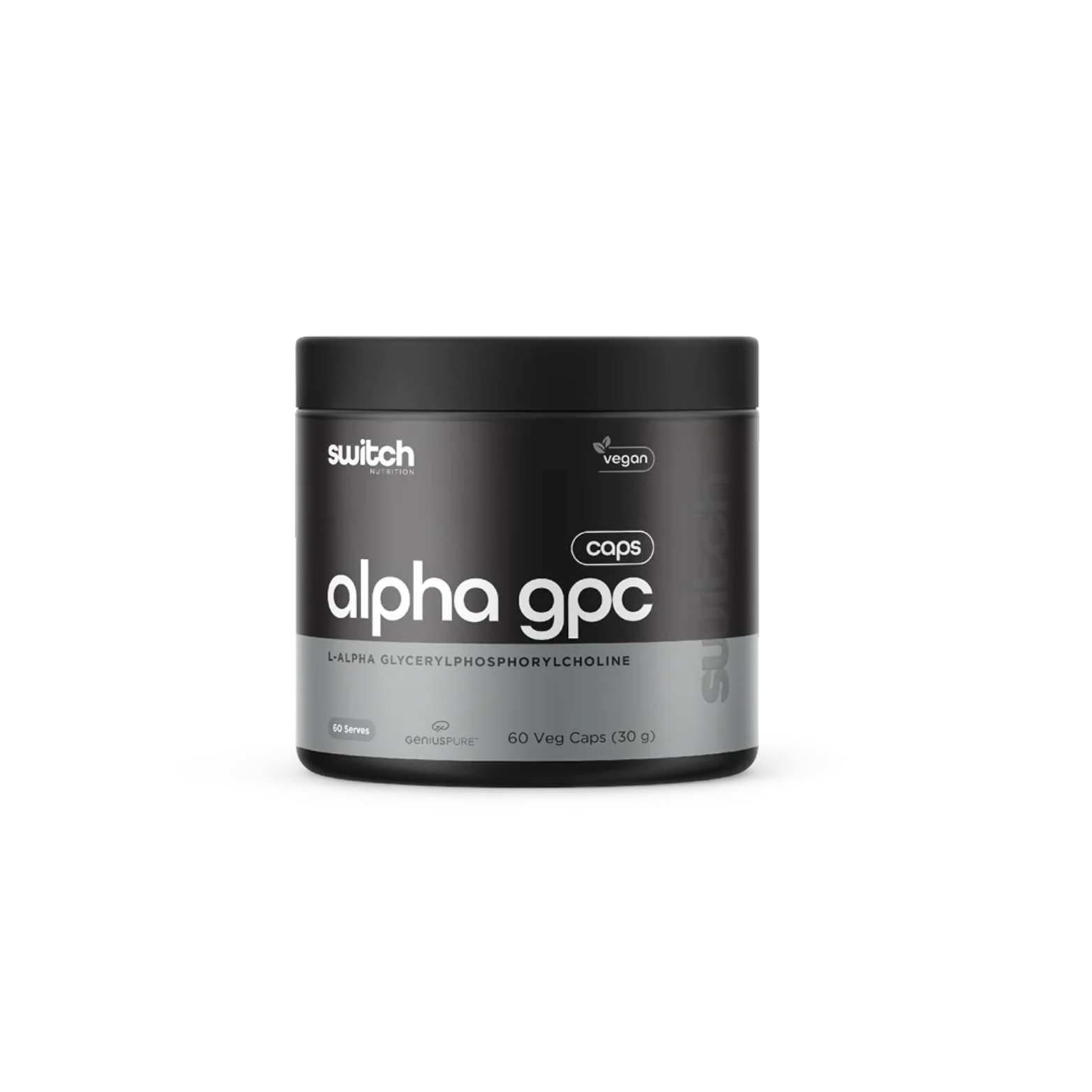 Black container of Alpha GPC with 'switch' branding on a white background