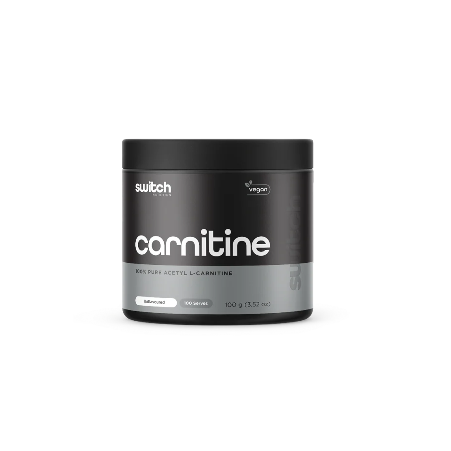 Container of switch Carnitine supplement on a white background