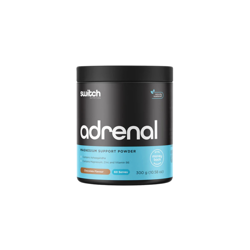 Black and blue container of switch Nutrition Adrenal Magnesium Support Powder on a white background