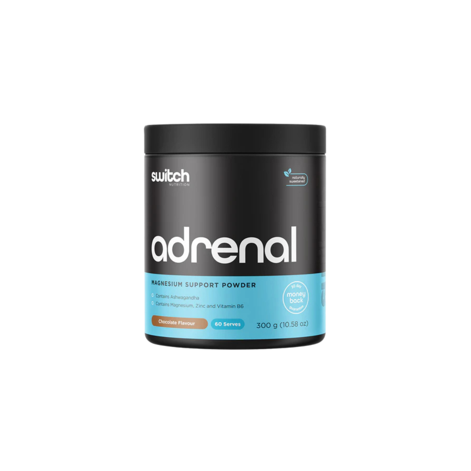 Black and blue container of switch Nutrition Adrenal Magnesium Support Powder on a white background
