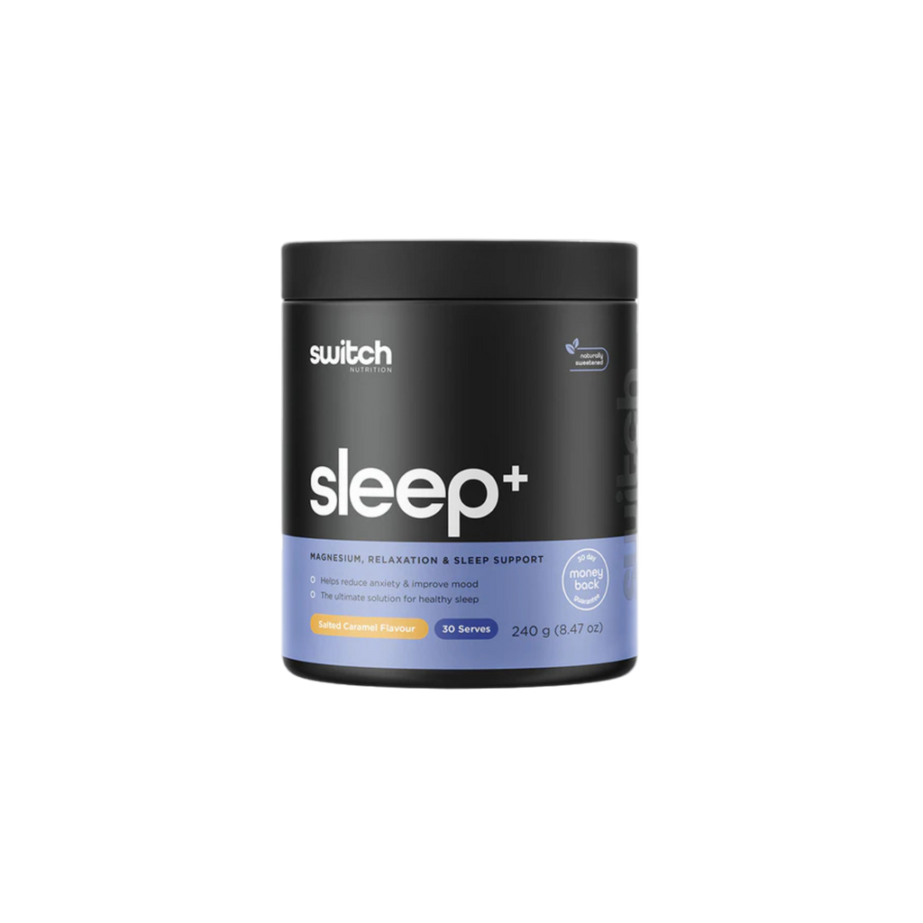 Black and purple container of 'switch+ sleep+' on a white background