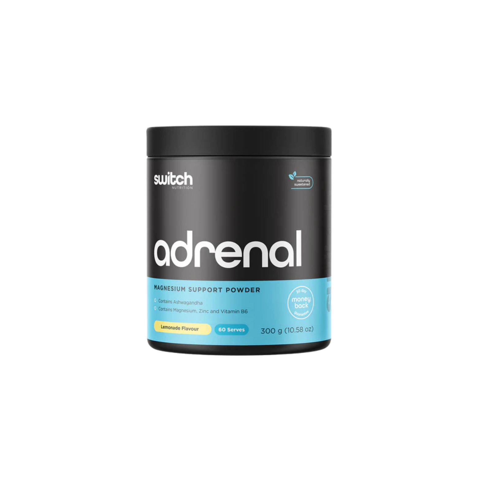 Black and blue container of switch Nutrition Adrenal Magnesium Support Powder on a white background