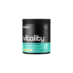 Container of switch vitality revitalising greens powder on a white background