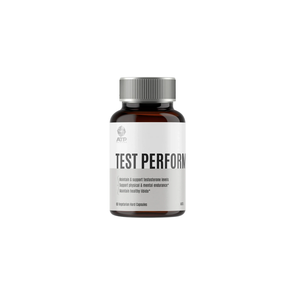 Supplement bottle labeled 'TEST PERFORMANCE' on a white background