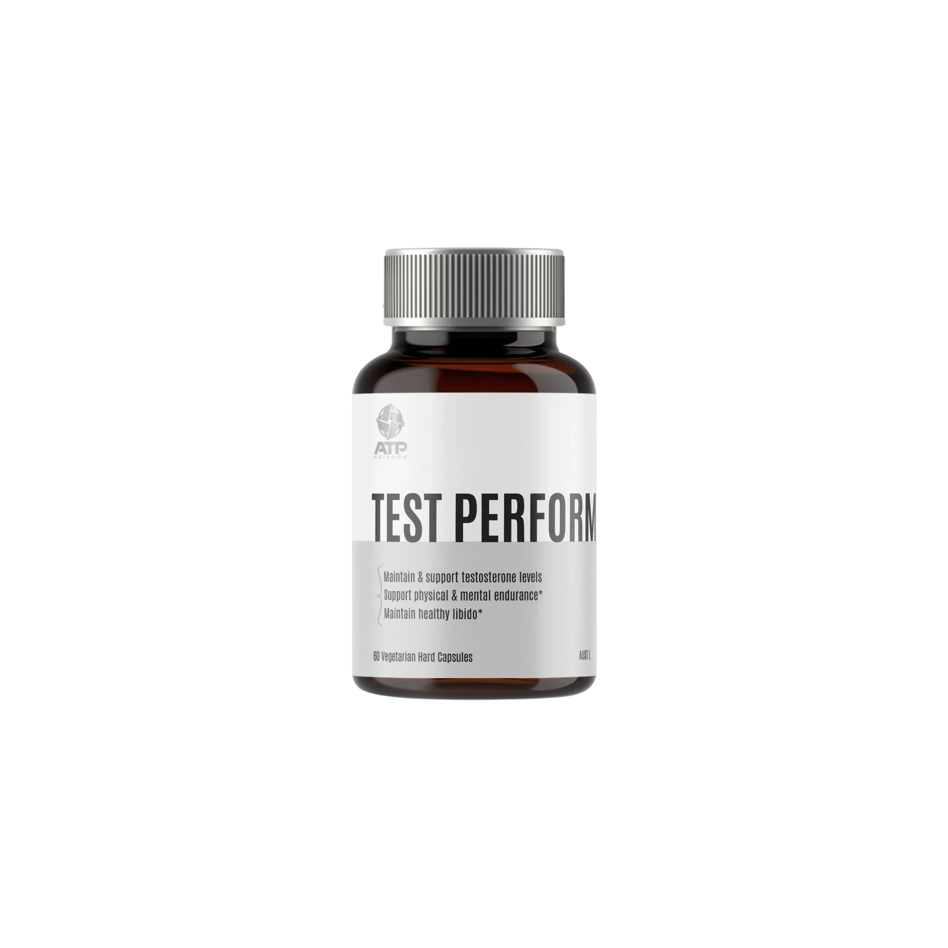 Supplement bottle labeled 'TEST PERFORMANCE' on a white background