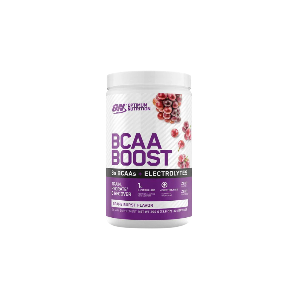 Optimum Nutrition BCAA Boost supplement container on a white background