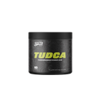 Black container with yellow text labeled 'TUDCA' on a white background