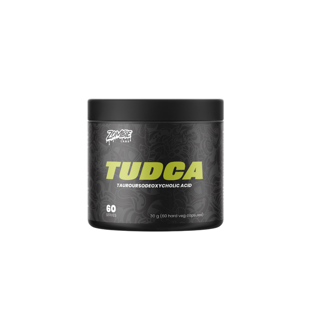 Black container with yellow text labeled 'TUDCA' on a white background