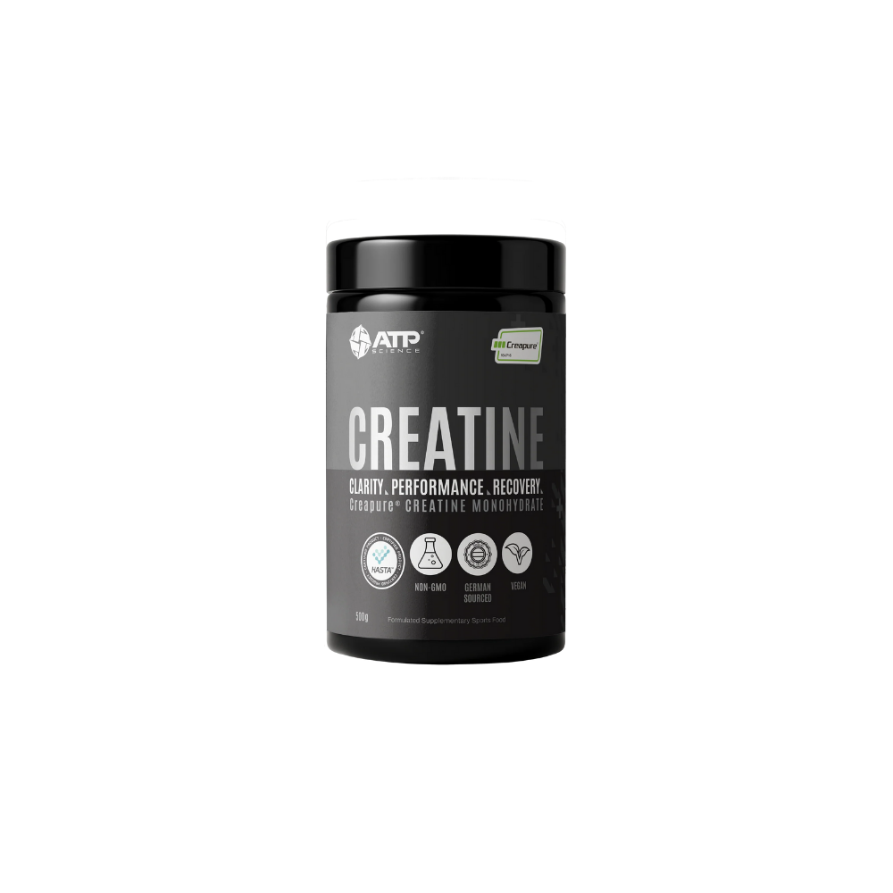 Creatine supplement container with ATP Science branding on a white background